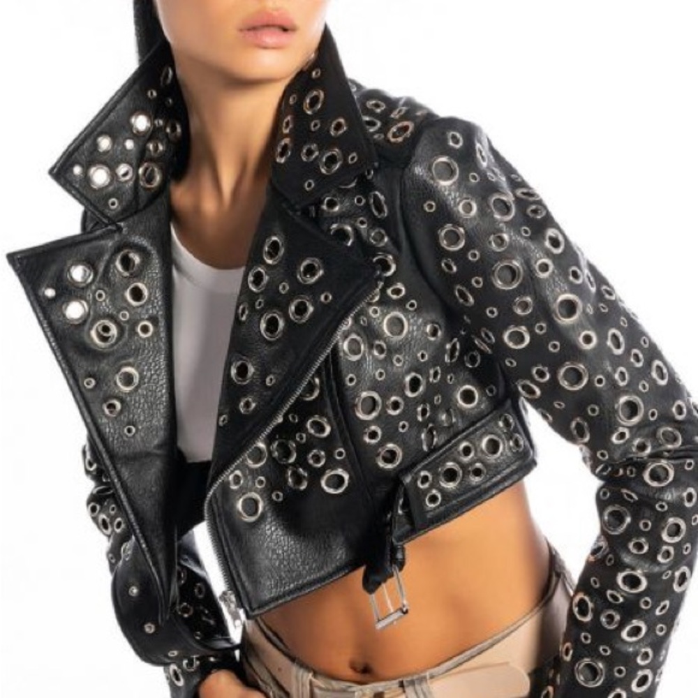 AKIRA ALL ABOUT THE GROMMETS MOTO JACKET IN BLACK SILVER